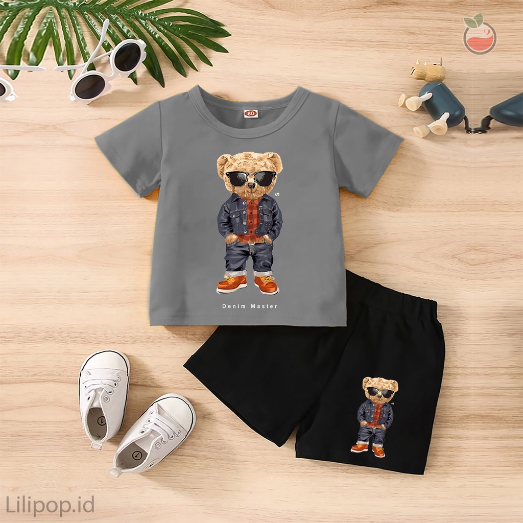 Baju Anak Stelan Kaos 3/4  BEAR CUTE Cowok Cewek  Usia 1 - 4 Tahun Celana Pendek Harian