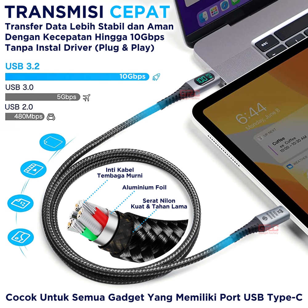 Kabel Data Charger Type C to Type-C Cable USB 3.2 PD 100W Video Output