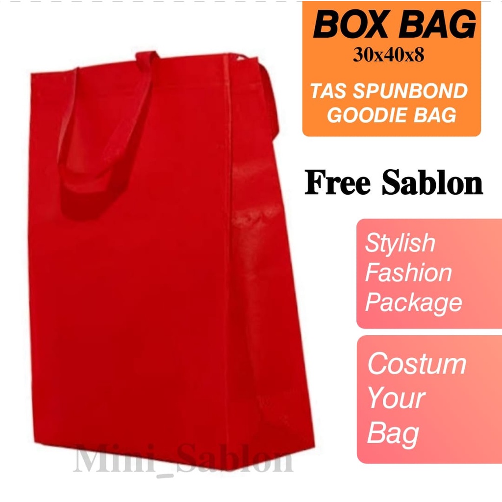 

Tas Spunbond Goodie Bag 30 x 40 x 10 Free Sablon Box Bag Kantong Kado Ulangtahun Atau Hajatan