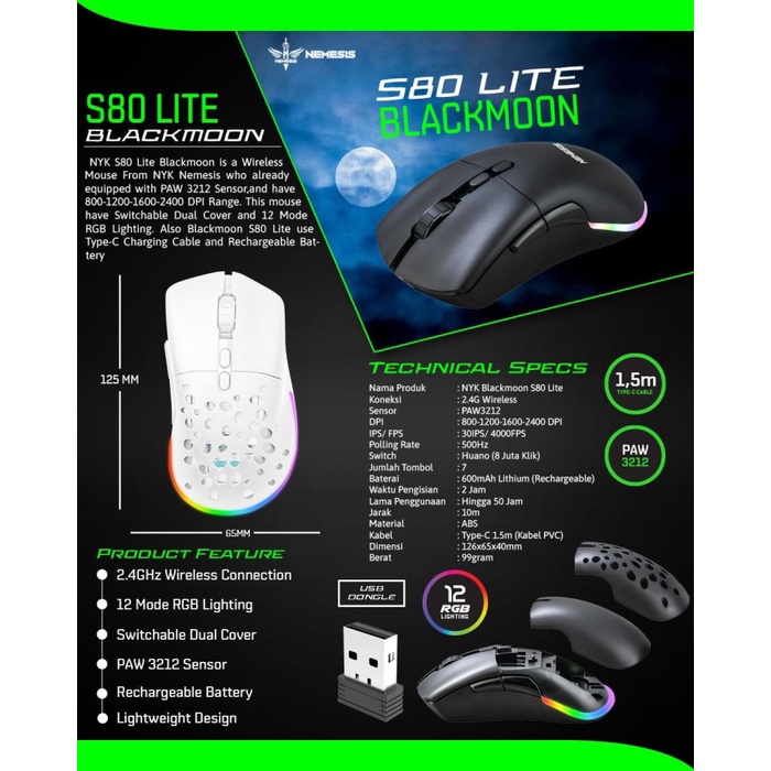 Moga Mouse Gaming Wireless Nyk Nemesis S80 Lite Blackmoon