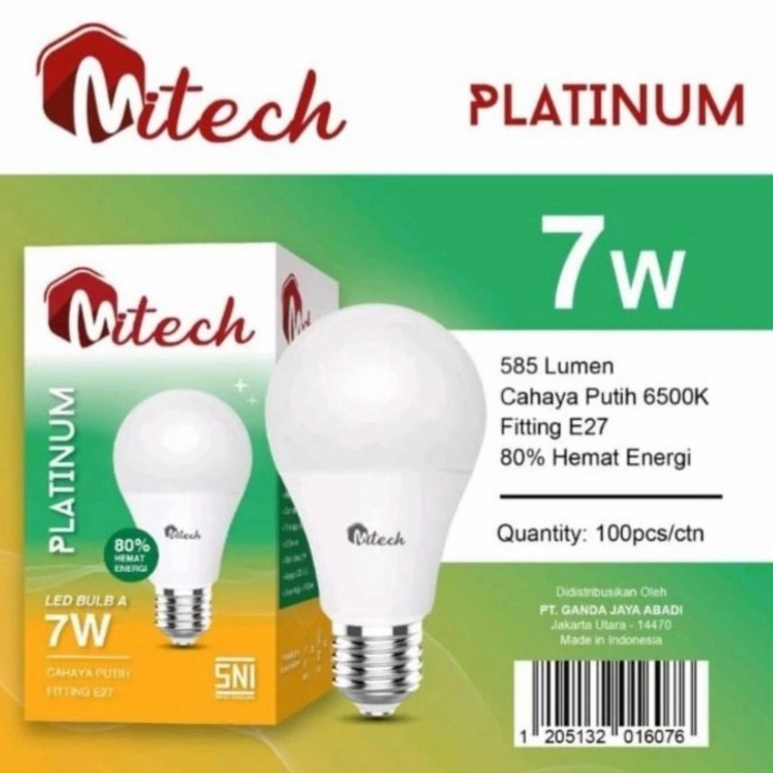 Lampu Bohlam Led Bulb MITECH PLATINUM Putih 6500K 5w 7w 9w 12w 15w 18w 21w SNI