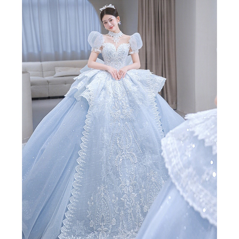 Baby Biru Gaun Pengantin Wanita Long Tail Bridal Wedding Dress Princess Bright Sequin Lace Beaded Wedding Gown Gaun Pengantin Wanita Ekor Panjang