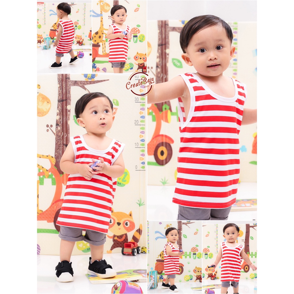 SINGLET ANAK LAKI MOTIF SALUR MERAH BAJU ATASAN ANAK PAKAIAN ANAK LENGAN BUNTUNG FASHION TRENDY