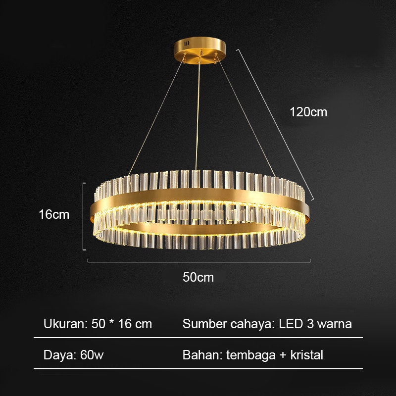 Lampu Gantung Kristal 50cm Chandelier Ruang Tamu 3 warna Mewah Gaya Lampu Gantung Minimalis Hias Nordik Modern