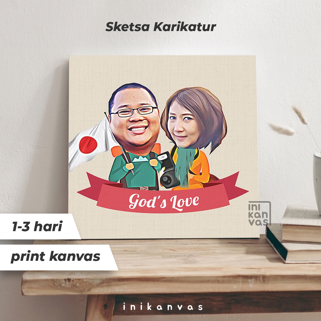 KARIKATUR SKETSA KANVAS 30x 30cm gambar foto wajah wedding - hadiah wisuda