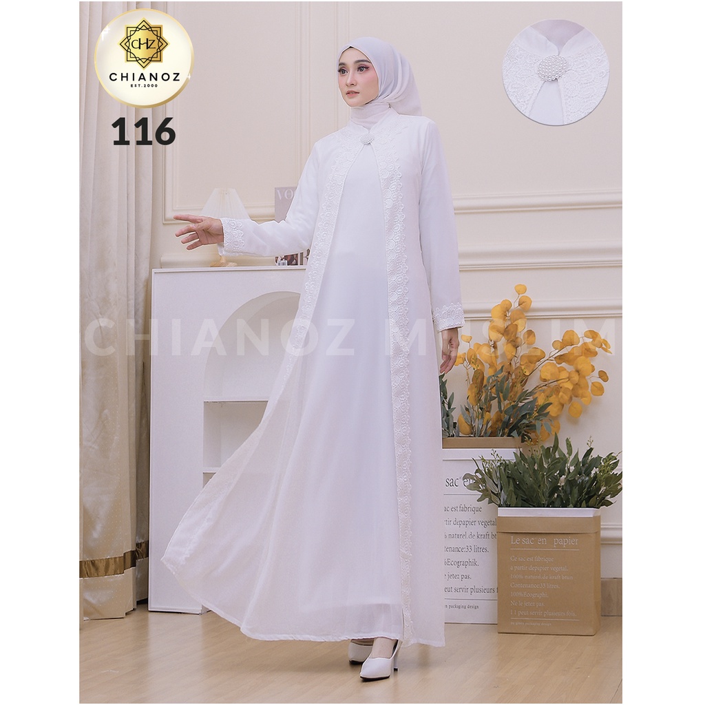 CHIANOZ Gamis Putih Mewah Wilona Dress Brukat Renda Baju Lebaran Umroh Haji Manasik Pesta Akad 116 516