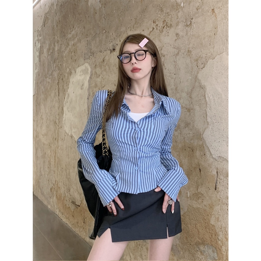 Red Salt wear suit spring slim striped shirt top female slit skirt American sweet and spicy two-piece trendy