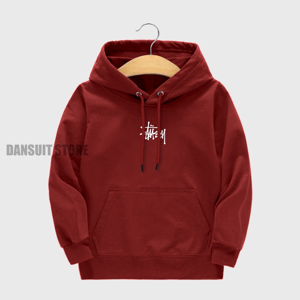 Sweater Hoodie Anak Laki-laki/Perempuan Usia 4-13 Tahun Hoodie Anak Motif Sablon STUSSY Logo Bahan Tebal Premium