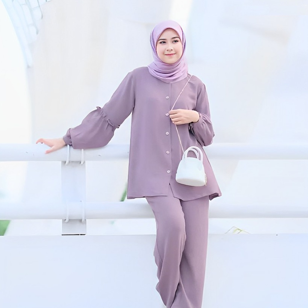 Ramdan Collection- Cleona One Set Crinkle Baju Set Wanita Kekinian Ruffle Korean Style Fashion Muslim Baju Setelan Wanita Import Jumbo