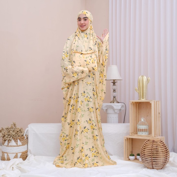 Mukena Terusan Dewasa Motif Bunga Bahan Rayon Adem