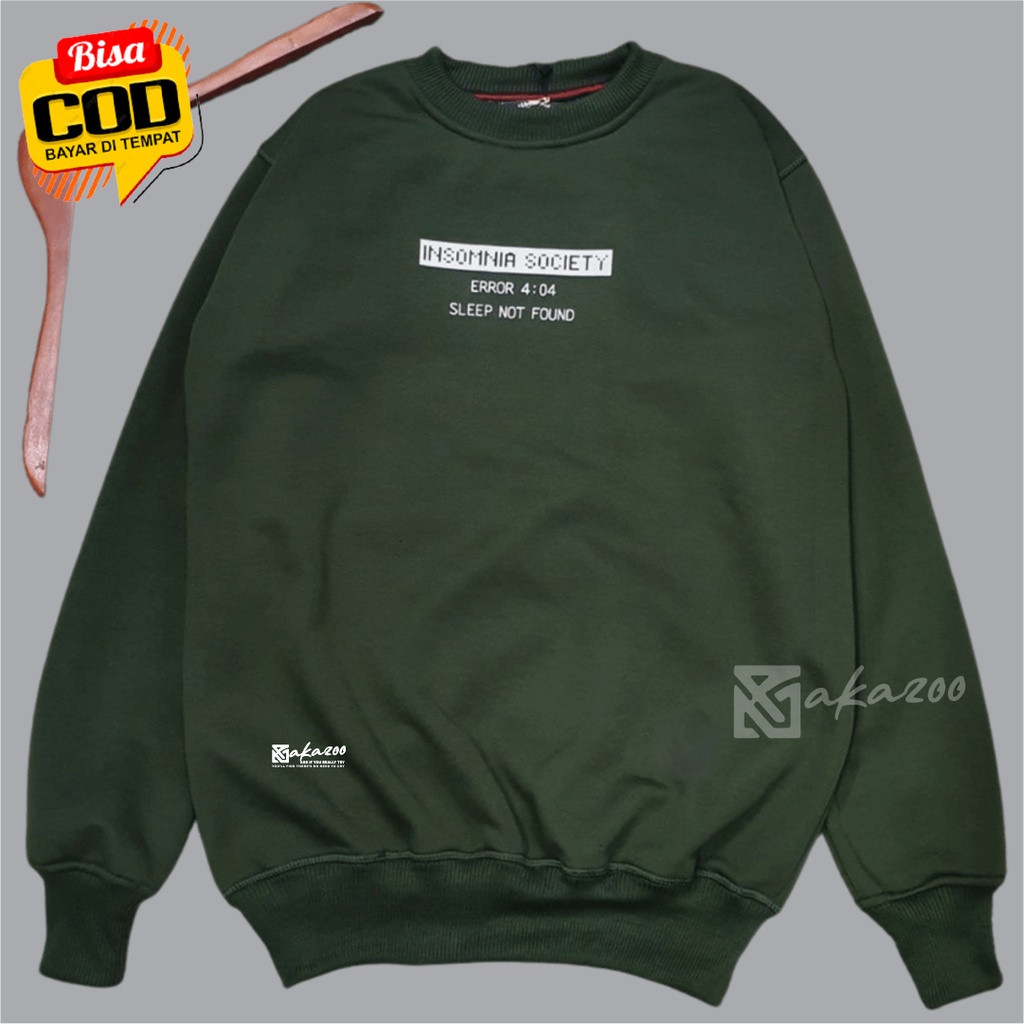 ocrewneck distro oversize pria Sablon INSOMNIA Warna Hijau Army crewneck kerah tinggi sweater oblong jumbo xxl crewneck hitam akazo