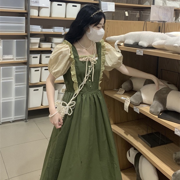 Red Versi Korea Musim Panas Lengan Puff Kayu Sisi Telinga Warna Kontras Gaun Wanita + Pelangsing Pinggang All-Match Pengurangan Usia palsu Rok Dua Potong