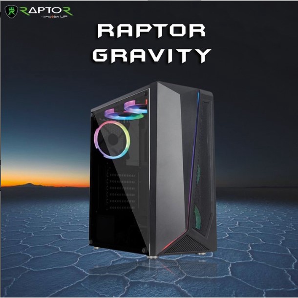 Power Up Casing Gaming Raptor Gravity Mid Tower ATX With 2 Fan Case RGB Tempered Glass