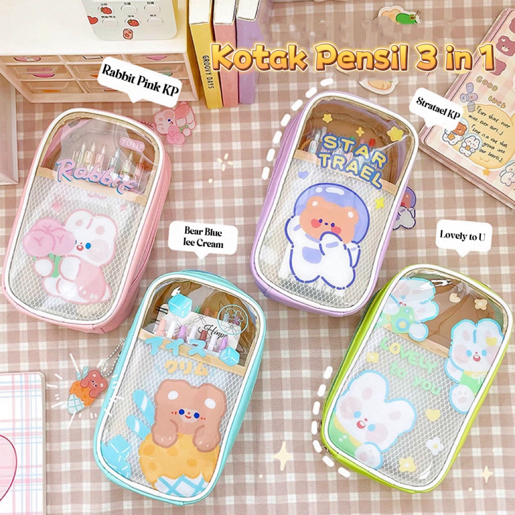 Kotak Pensil Tarik 3 Slot Serbaguna Motif Cartoon Lucu KP08