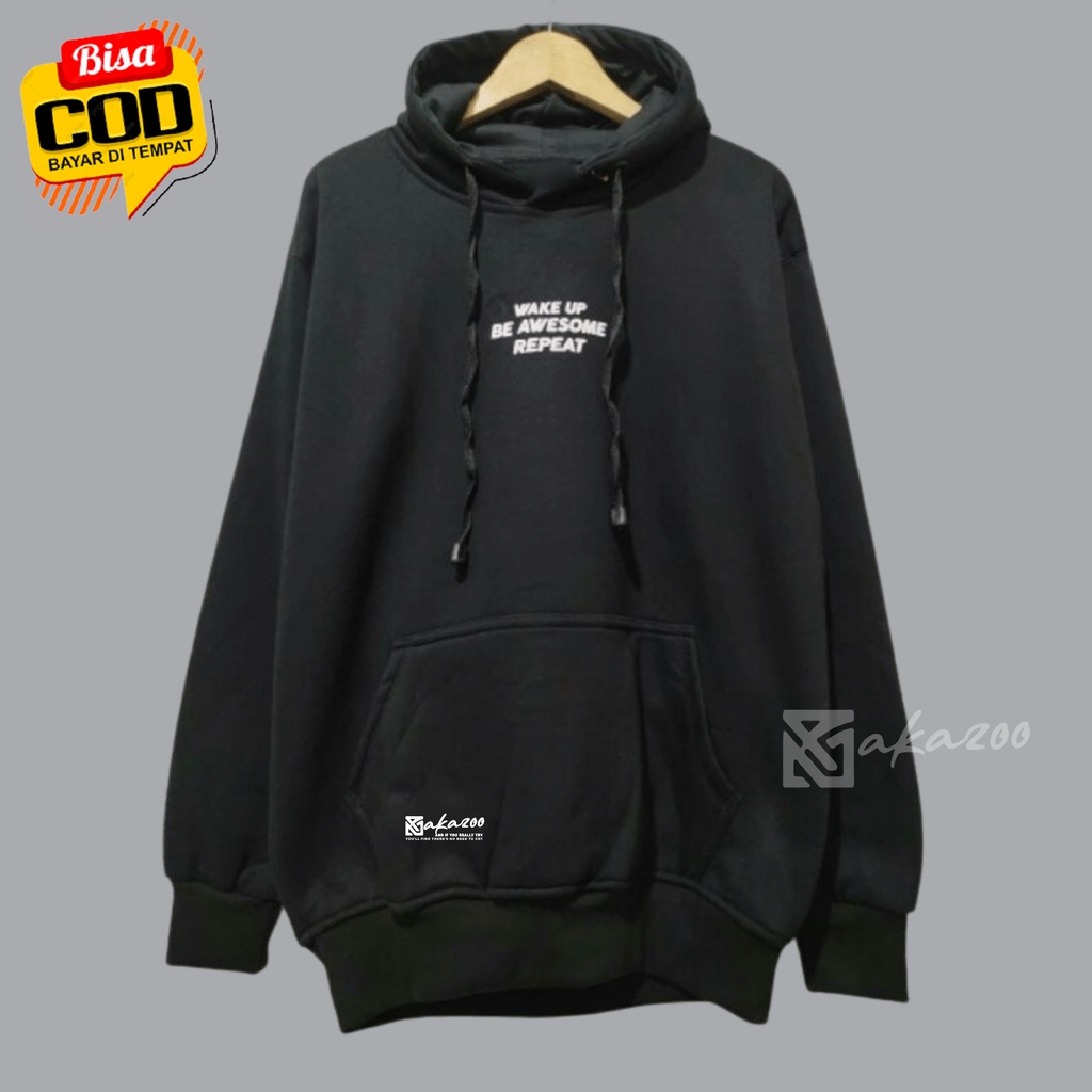 hoodie pria distro premium Sablon wake up be awesome repeat Warna Hitam hoodie pria distro premium sweater hoodie pria distro kachios akazoo.id