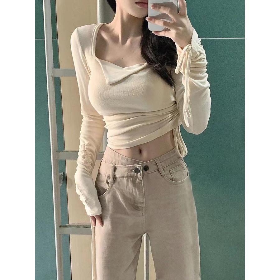 Red Serut Lipit Lengan Panjang T-shirt Wanita Musim Gugur Baru Keinginan Murni Rasa Desain Diri Budidaya Slim Elastis Kerah Persegi bottoming Shirt Top
