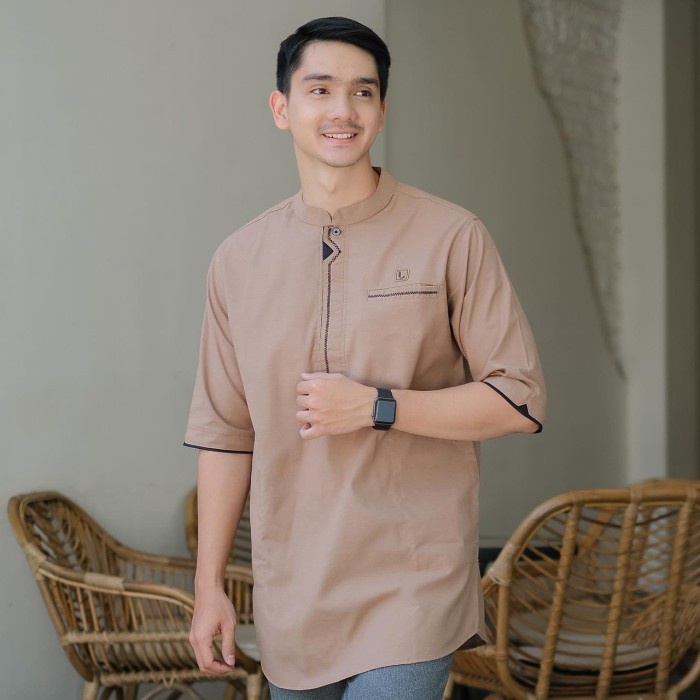 Kemeja Baju Koko Kurta Pria Pakistan Zigzag Luthfi Original Warna Sage Green - Mocca, M koko terbaru