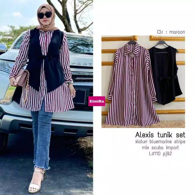 BAJU ATASAN WANITA REMAJA TUNIK SET CEWEK GARIS GARIS CASUAL PLUS ROMPI POLOS KEKINIAN