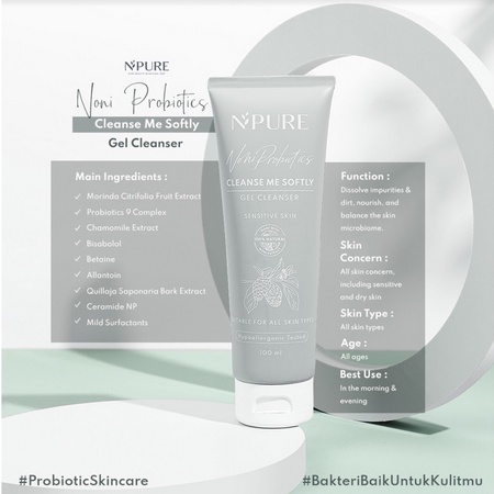 NPURE Paket Wajah NONI Probiotics (Sensitive Skin Series) | Cleanser | Toner | Moisturizer | Serum | Ampoule
