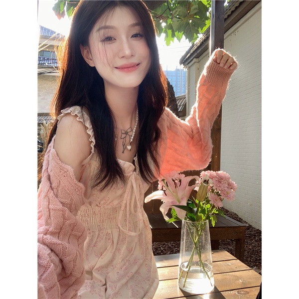 Red kumikumi suit wanita pendek sweter kardigan jaket musim semi bunga lembut rok suspender gaun dua potong set