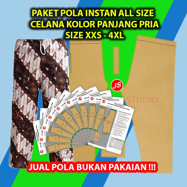 Paket 9 Size Pola Instan Celana Kolor Panjang Pria All Size [9 Size XXS-4XL] Pola Jamblang Studio
