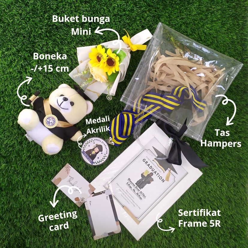 Sertifikat Frame 5R + Gift bag Hampers tas wisuda buket bunga boneka + custom medali akrilik wanita 