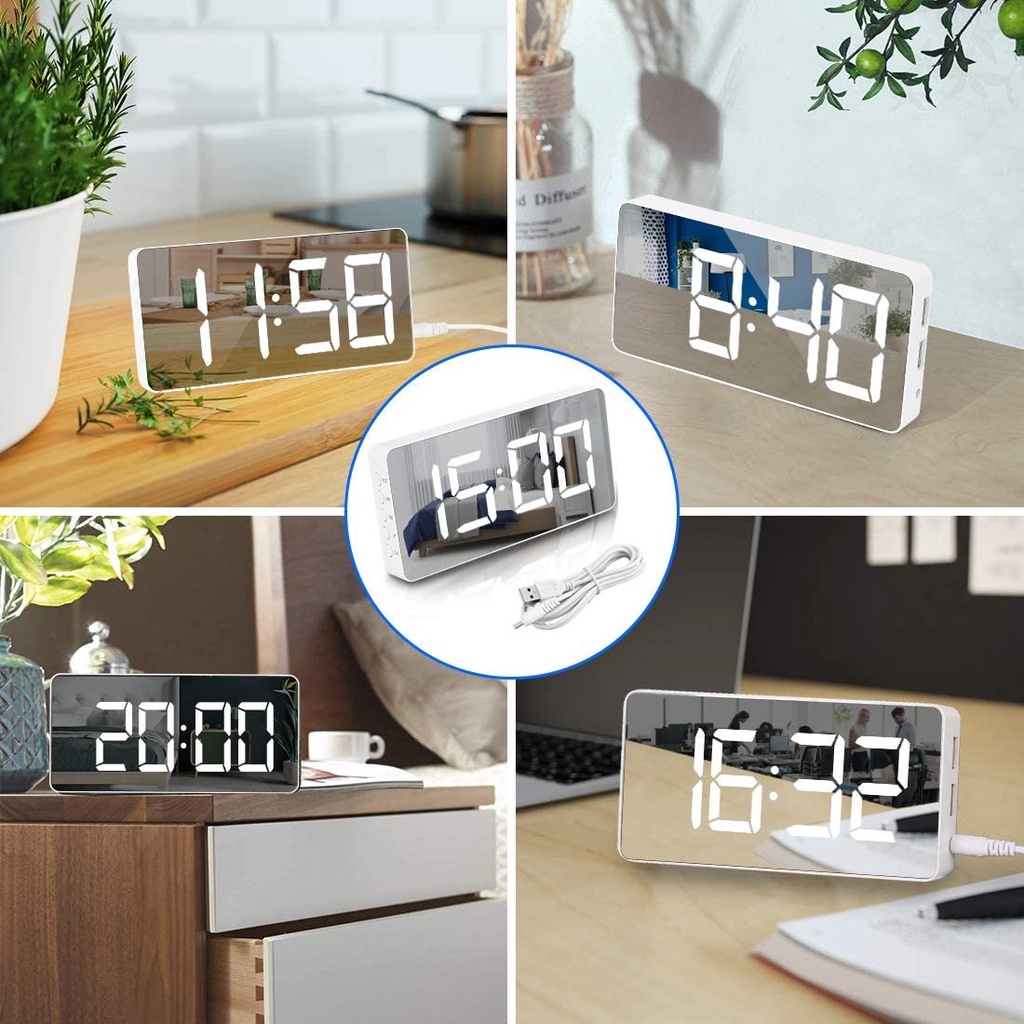 WulaWindy Jam Alarm Digital Mirrored LED Dimming Mode USB Charge - W15 - White