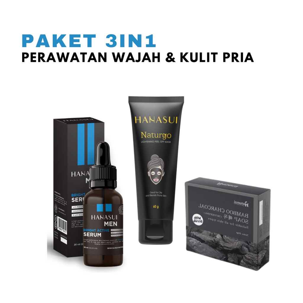 Paket Perawatan Wajah Dan Kulit Pria 3 IN 1 | Hanasui Men Bright Active Serum + Hanasui Masker Naturgo Tube + Hanasui Sabun Bamboo Charcoal