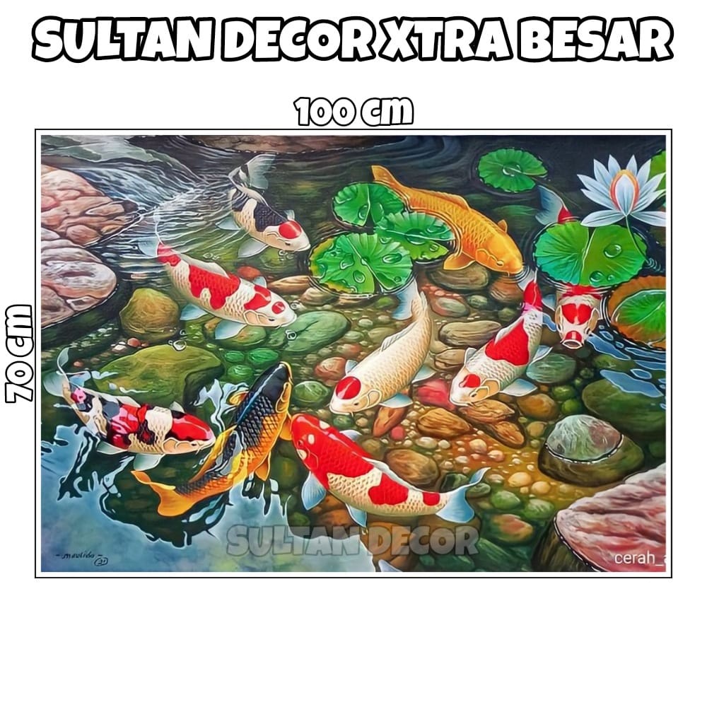 LUKISAN POSTER CETAK IKAN KOI 9 3 DIMENSI XTRA BESAR UKURAN 100X50CM 100X70CM 150X100CM 200X100CM 25