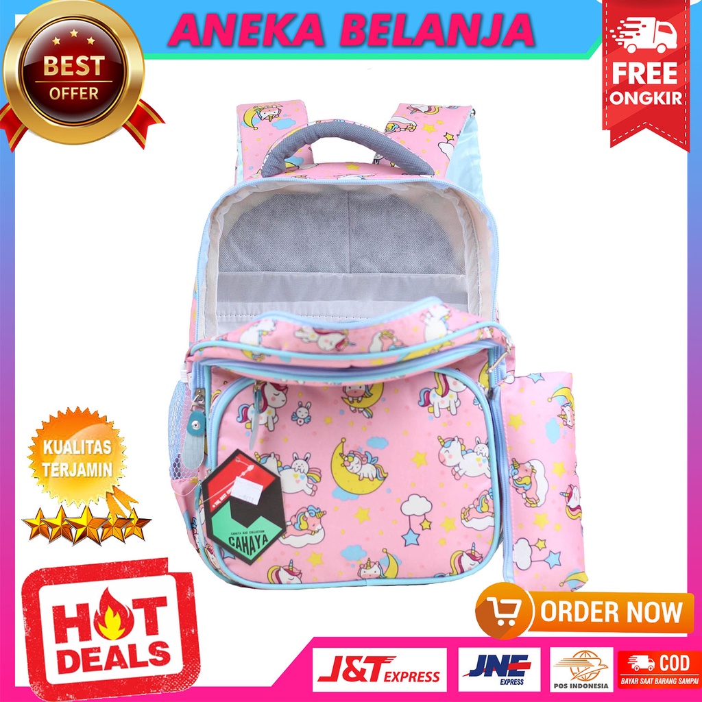 Tas Ransel Sekolah Anak Perempuan Cahaya Pony Bulan Warna Pink Terbaru Backpack Anak Cewek PAUD TK SD Free Raincover Dan Free Tempat Pensil Trendy Tas Gendong Anak Ngaji LES TPQ Impor Bahan Kuat Awet Terlaris Tas Punggung Anak Fashion Murah  Berkualitas