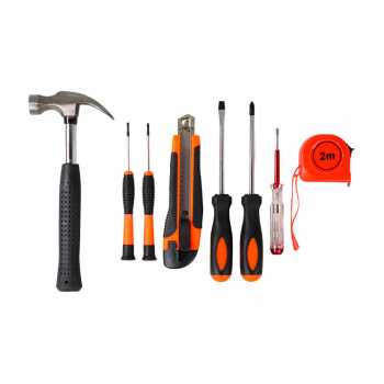 Set Perkakas Alat Pertukangan Palu Obeng Cutter Meteran Pen Tester Listrik 8 in 1 + Kotak Penyimpanan / Alat Perkakas Lengkap Tukang Rumah Bangunan Kayu Bengkel Anti Slip Tekiro Tool Set Tekiro Box Lengkap Komplit / Obeng Set Tekiro Original Multifungsi