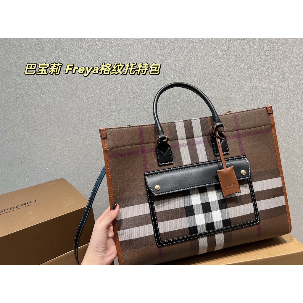 Bvrberry Check Leather Freya Tote Medium COKLAT TUA AP80441296 Q061Q