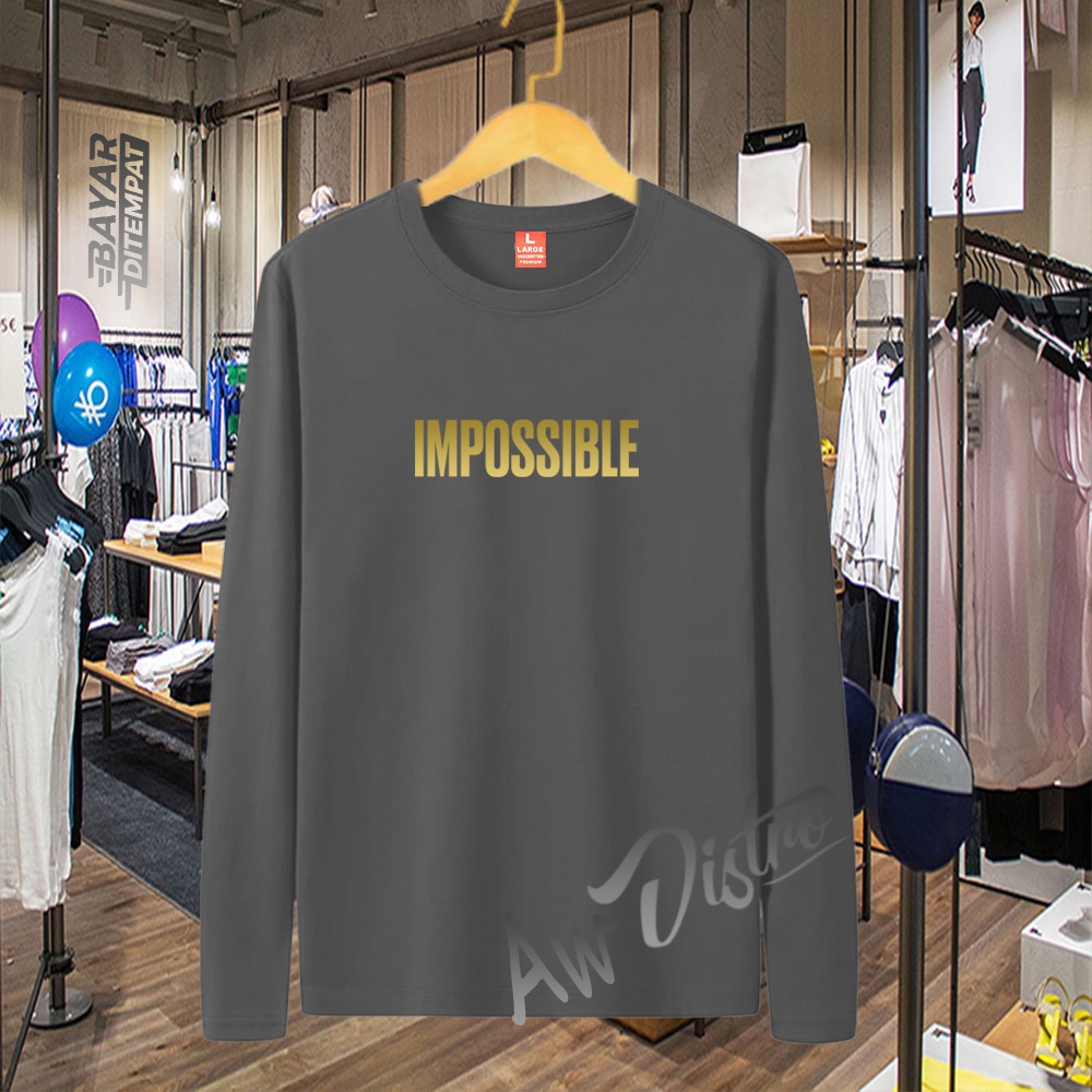 COD Baju Kaos Distro IMPOSSIBLE Taxt Gold Premium Quality Lengan Panjang Kaos Tulisan Kaos Kata-Kata Kaos Sablon Big Size