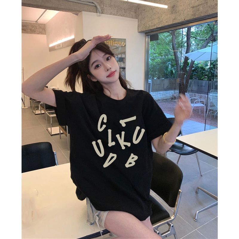 EUNII T-shirt Lengan Pendek Gaffiti In English Korean Style/Kaos Atasan Wanita/Baju Kaus Oversize Wanita/Kaos Wanita