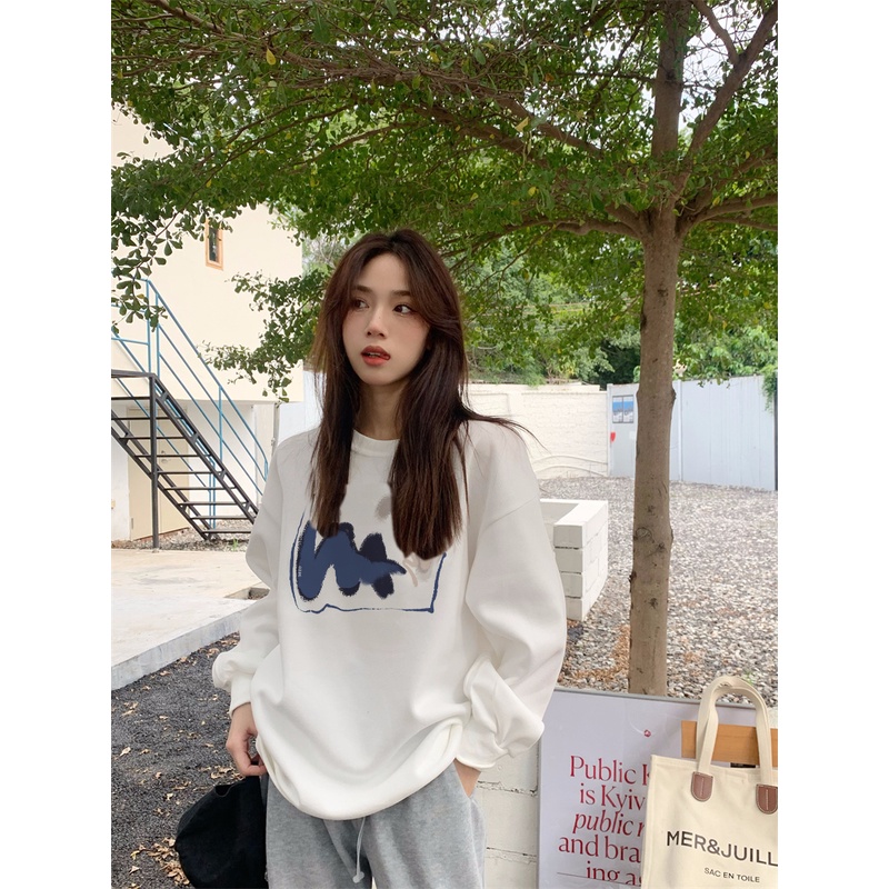 XIAOZHAINV Korean Style Style Crayon Doodle Pattern Lengan Panjang Baju Sweater Wanita