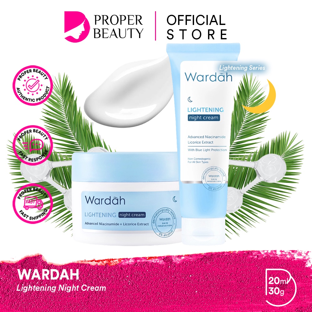 WARDAH Lightening Night Cream Indonesia / Pelembab Wajah 20ml 30g / Advanced Niacinamide + Licorice Extract / With Blue Light Protection / For All Skin Types Menyamarkan Bekas Jerawat Melembabkan Moisturizer Skincare Face Care Series / Krim Muka Malam Day