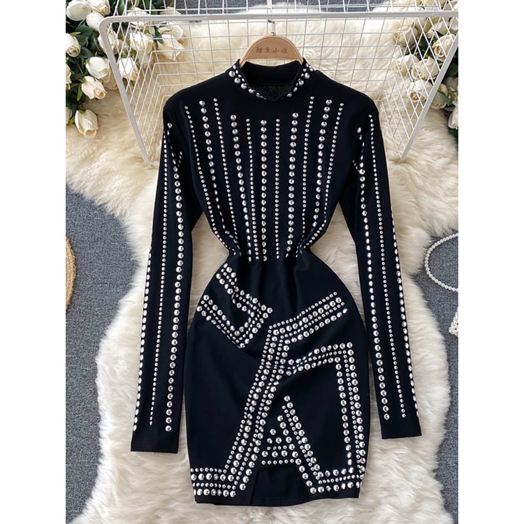 Gaun Bodycon Seksi Hitam Musim Gugur dengan Berlian Antik Kerah Berdiri Lengan Panjang Bling Pinggan
