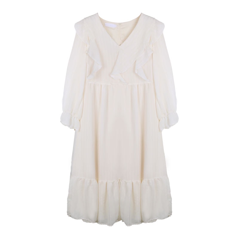 Red Kumikumi French style angin lembut V-neck dress mengacak-acak temperamen musim semi wanita rok mid-length pelangsing pinggang