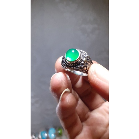 natural [IJO GARUT GREEN CALCEDONI TOP GIWANG KOCLAK] emban cincin pria wanita ring alpaka emas pera