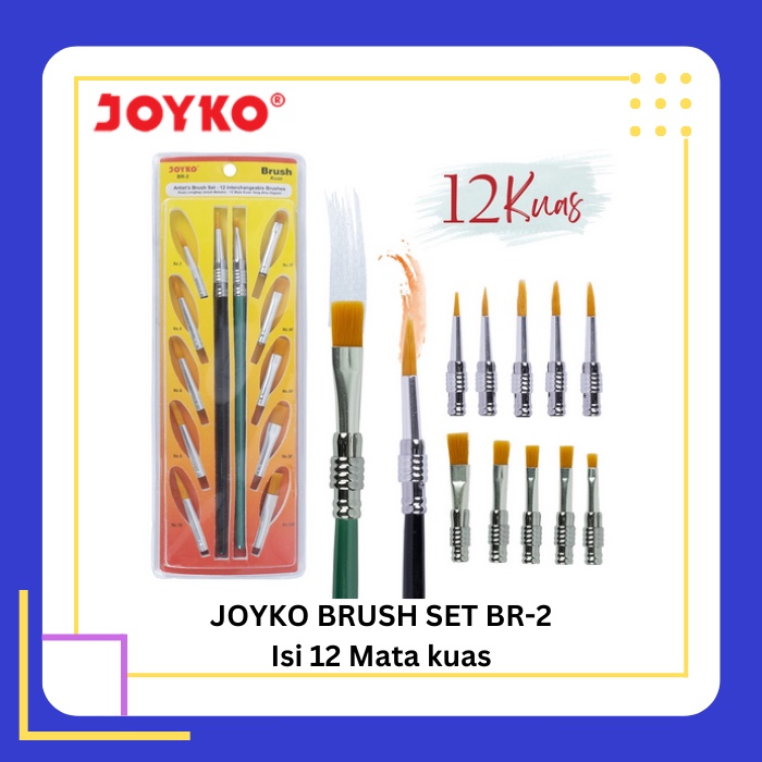 

JOYKO Brush Set BR-2 Kuas Lukis Cat Air Minyak Akrilik 1 Set isi 12 Mata Kuas