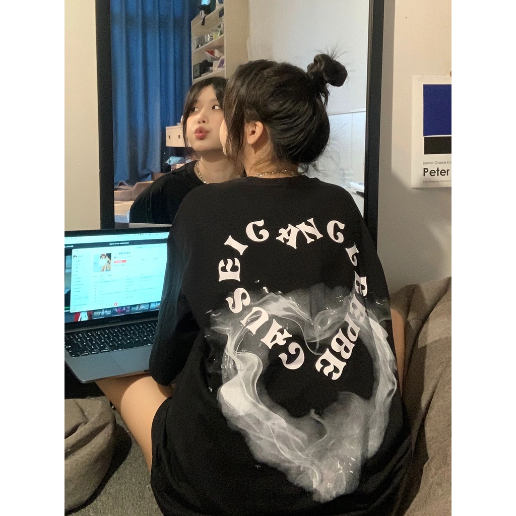 kemeja oversize wanita lengan pendek heart graffiti print T-shirt import kaos wanita korean style premium kaos hitam ootd