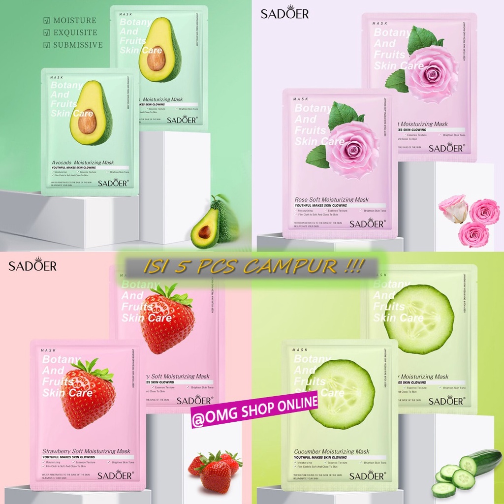 Isi 5 Pcs CAMPUR !! Masker Wajah Botany &amp; Fruits Skin Care Mask Sadoer Serum Glowing Facial Sheet Mask / Masker Wajah Pemutih dan Glowing Masker Muka / Masker Wajah Organik Korea Viral / Serum Wajah Pria Wanita Masker Wajah Komedo dan Pori Jerawat