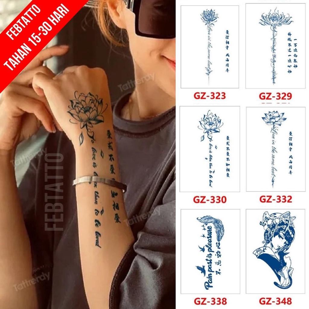 Tato Temporer Ukuran 18cm x 11cm Motif GZ 330 Tulisan Bunga Tato Lengan Tato Dada Tato Tangan Tato K