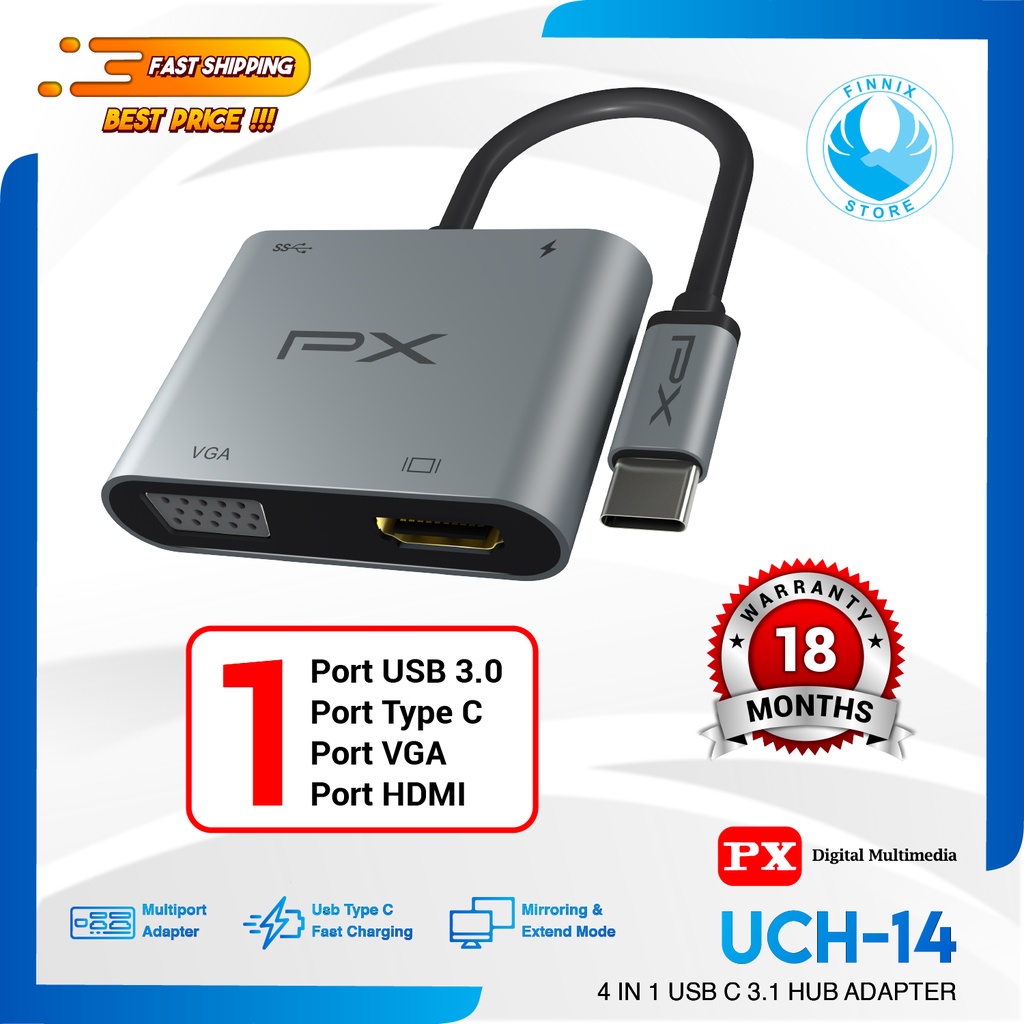 PX UCH14 4K Type C To VGA USB Hub Converter Adaptor 4 in 1