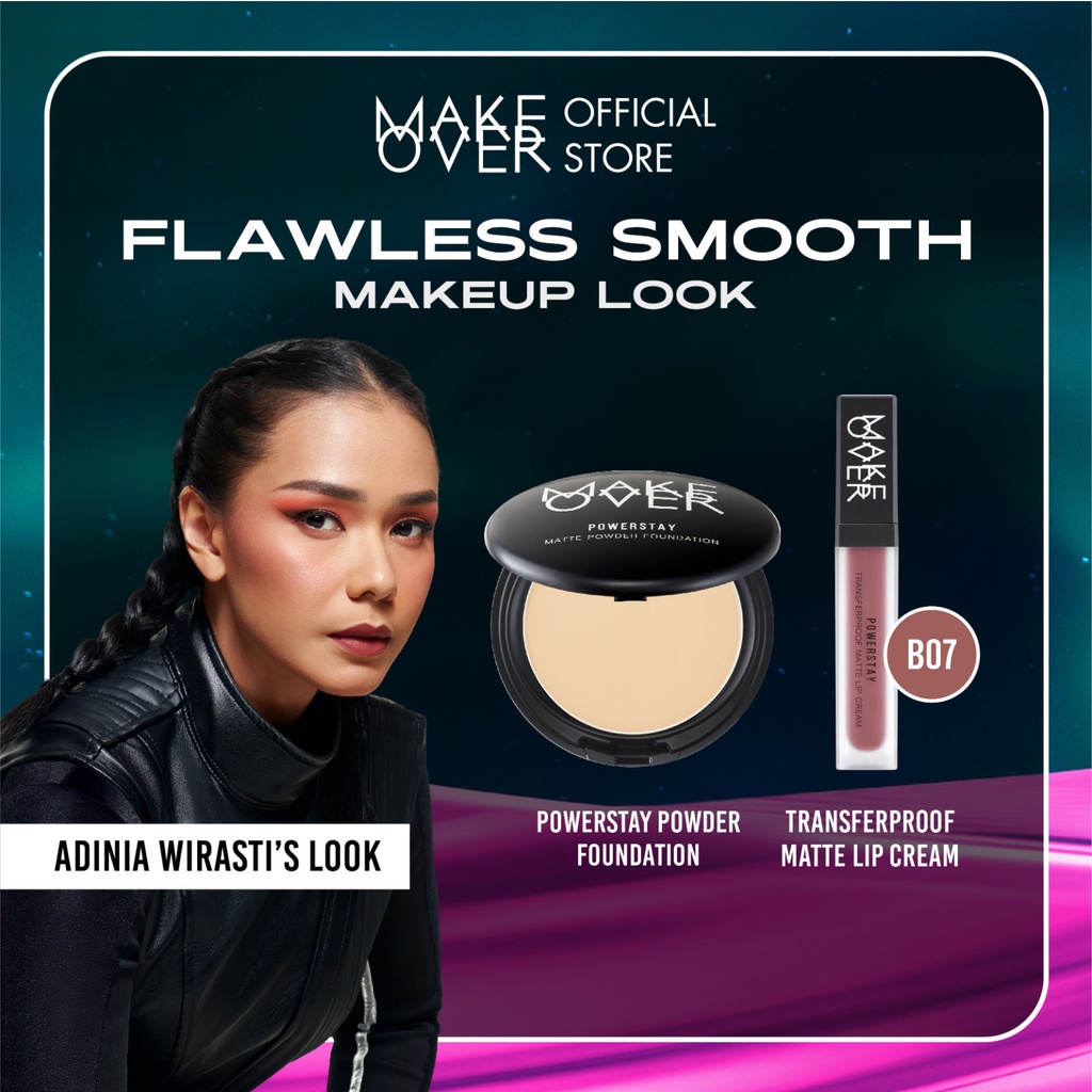 Make Over Flawless Smooth Makeup Look : 24H Powerstay Matte Powder Foundation, Transferproof Matte Lip Cream