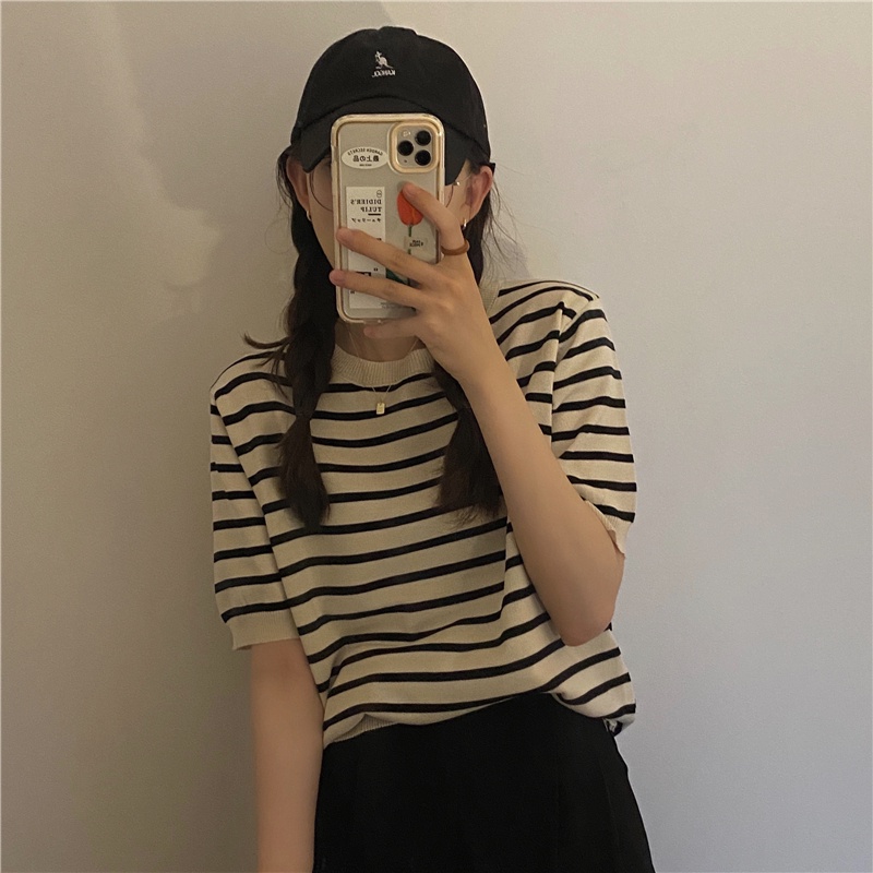 XIAOZHAINV Korean Style Knit Stripe Kaos Atasan Wanita 0390