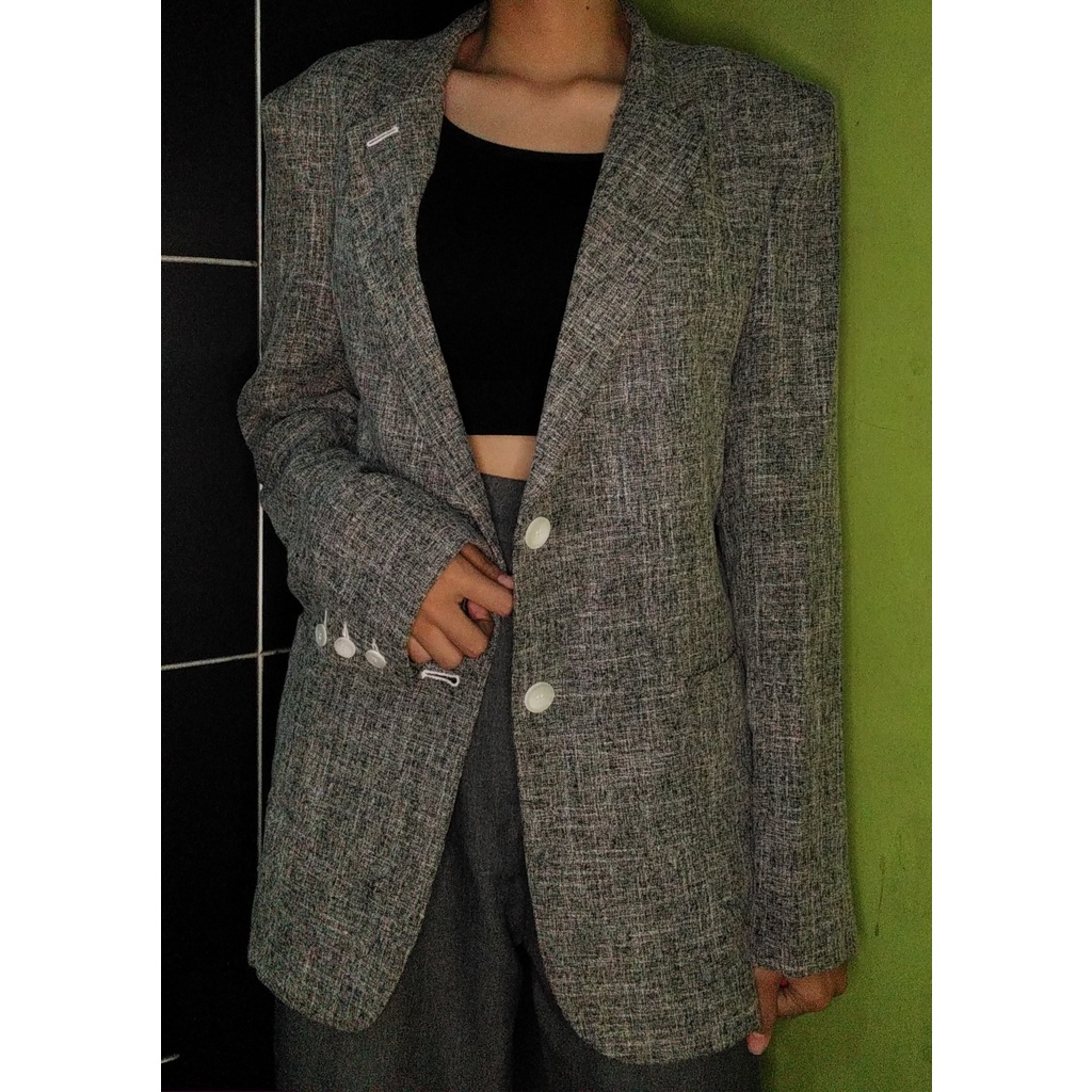 [Preloved/Thrift] Korean Blazer Abu Semi Tweed Pria Wanita Rocal Keren Semi Tartan