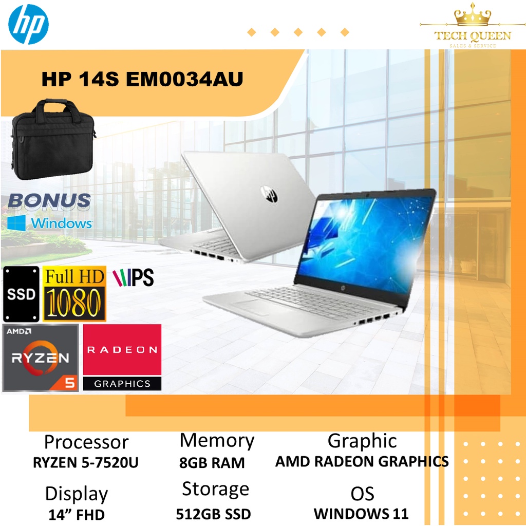 HP 14S EM0034AU - RYZEN 5 7520 8GB 512SSD RADEON WINDOWS 11+OHS 14.0 INCHI FHD IPS 2YR BLK