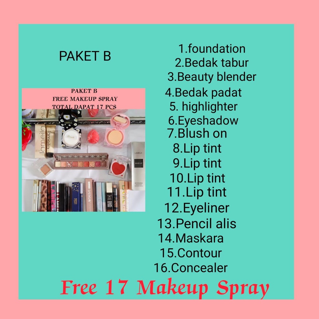 PAKET B MAKE UP SET KOSMETIK LENGKAP 17 ITEM (FREE MAKEUP SPRAY)