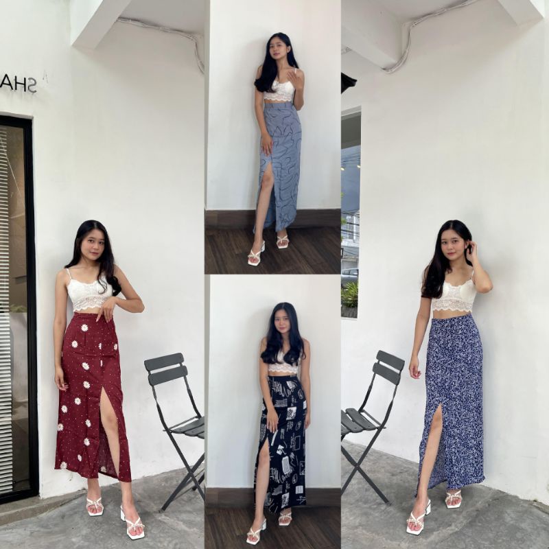 Rok Belah samping panjang - Rok panjang - rok korea - rok Motif bunga